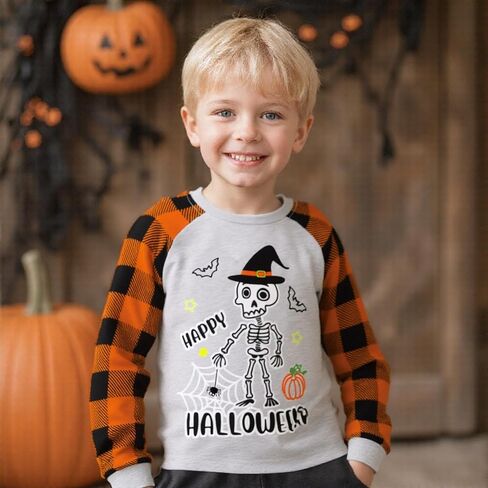 Toddler Boys Halloween Shirts Kids Ghost Pumpkin Dinosaur Graphic Glow in The Dark Raglan Long Sleeve Tee Tops 2-7 Years in Kuwait