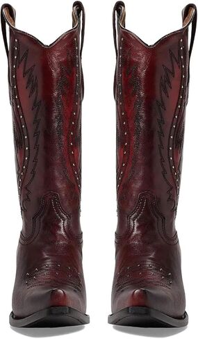 Women's Vintage Embroidered Rivet Block Heel Cowgirl Mid Calf Western Boots Fashion Studded Square Toe Pull On Chunky Heel Cowboy Knee High Boots for Women in Saudi Arabia