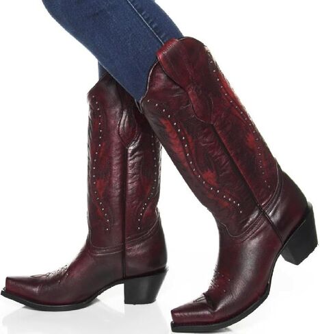 Women's Vintage Embroidered Rivet Block Heel Cowgirl Mid Calf Western Boots Fashion Studded Square Toe Pull On Chunky Heel Cowboy Knee High Boots for Women in Saudi Arabia