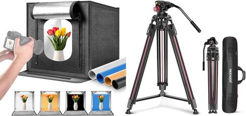 NEEWER 50 واط 24 بوصة × 24 صندوق إضاءة استوديو الصور المطور + 79 بوصة/2 متر حامل ثلاثي لكاميرا الفيديو مع رأس سائل، صندوق إضاءة محمول قابل للطي للتصوير الفوتوغرافي 5600K 160 LED 5200lx/0.5 متر خيمة تصوير كشك صور قابلة للتعتيم in Saudi Arabia