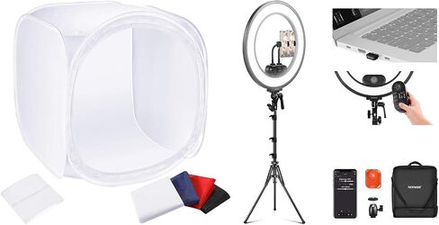 NEEWER 24x24 inch/60x60 cm Photo Studio Shooting Tent + 18 Inch Edge Lit Ring Light with Tripod Stand Phone Holder, Cube Diffusion Soft Box Kit with 4 Colors Backdrops for Photography in Saudi Arabia