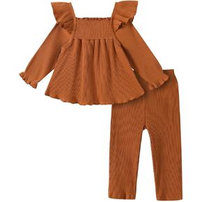 Toddler Girl Fall Winter Outfit Sets Flutter Flare Sleeve Smocked Shirt Top Leggings Knitted Clothing 2-6Y in Kuwait