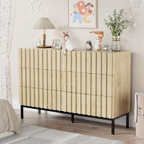 UEV Mid-Century Modern Dresser for Bedroom, Fluted 6 Drawer Dresser with Metal Stand, Accent Light Wood Chest of Drawers for Bedroom,Living Room,Hallway (Ivory White) in Saudi Arabia