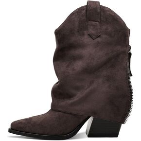 Womens Ankle Fold Over Boots Chunky Mid Heel Booties Retro Pointed Pointed Toe Side Zipper Short Boots Heeled Shoes for Women Fall Winter in Saudi Arabia