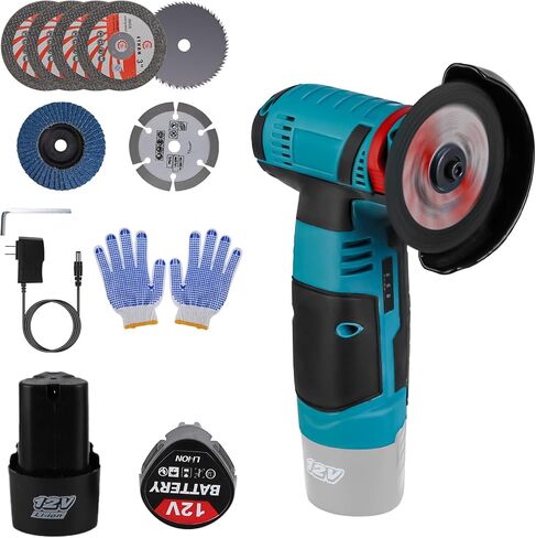 Cordless Angle Grinder, 19000RPM 12V Mini Angle Grinder Tool with 2Pcs 1100mAh Batteries and 7-Cutting Discs, Handheld Cutter for Metal Wood Grinding in Saudi Arabia
