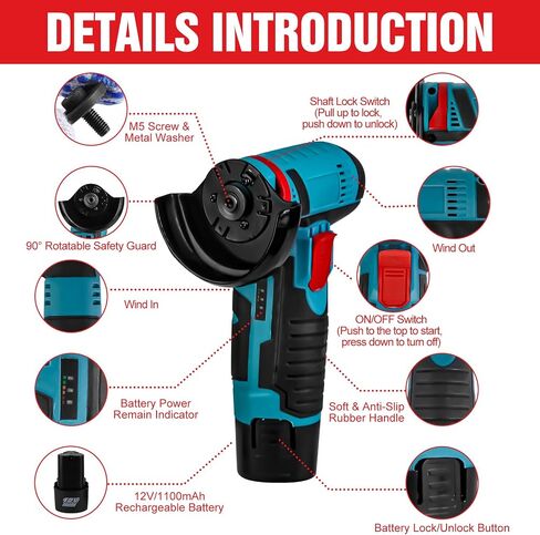 Cordless Angle Grinder, 19000RPM 12V Mini Angle Grinder Tool with 2Pcs 1100mAh Batteries and 7-Cutting Discs, Handheld Cutter for Metal Wood Grinding in Saudi Arabia