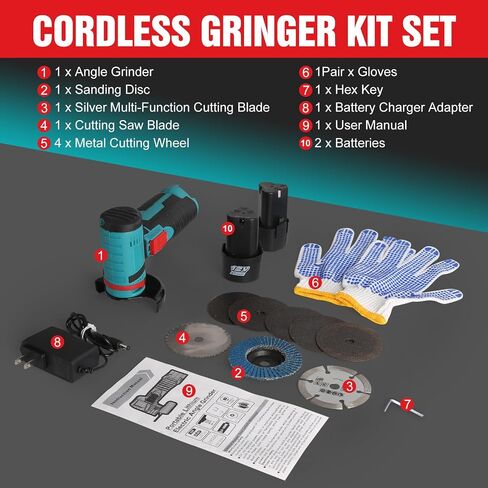 Cordless Angle Grinder, 19000RPM 12V Mini Angle Grinder Tool with 2Pcs 1100mAh Batteries and 7-Cutting Discs, Handheld Cutter for Metal Wood Grinding in Saudi Arabia