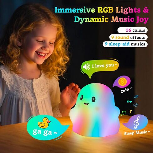 ضوء ليلي للهالوين للأطفال، أضواء ليلية شبح RGB قابلة لإعادة الشحن مع مؤقت 30 دقيقة/9 أصوات/9 موسيقى نوم/مستشعر لمس، مصباح ليلي LED من السيليكون متعدد الألوان لديكور غرفة النوم والحضانة in Kuwait