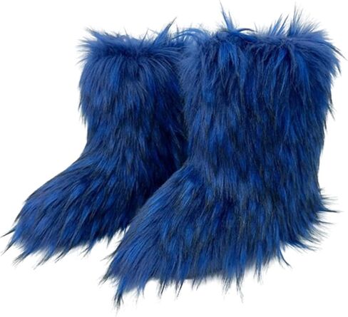 Women's Faux Fur Boot Furry Fluffy Snow Boot Winter Warm Comfortable Outdoor Flat Shoes Mid-Calf Boots in Saudi Arabia
