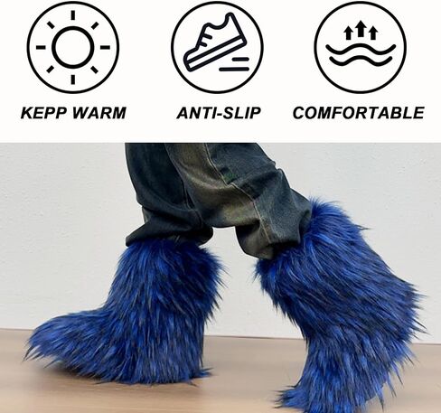 Women's Faux Fur Boot Furry Fluffy Snow Boot Winter Warm Comfortable Outdoor Flat Shoes Mid-Calf Boots in Saudi Arabia