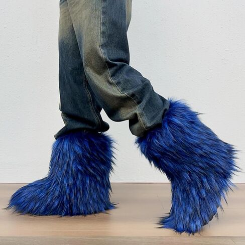 Women's Faux Fur Boot Furry Fluffy Snow Boot Winter Warm Comfortable Outdoor Flat Shoes Mid-Calf Boots in Saudi Arabia
