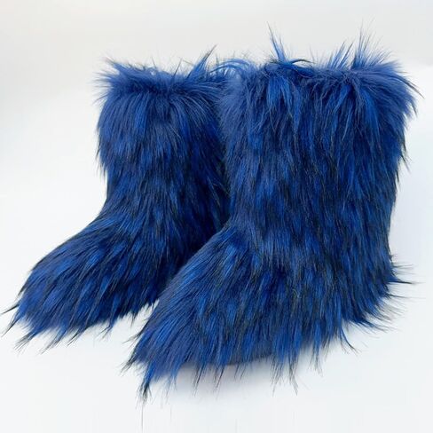 Women's Faux Fur Boot Furry Fluffy Snow Boot Winter Warm Comfortable Outdoor Flat Shoes Mid-Calf Boots in Saudi Arabia
