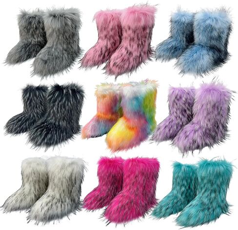 Women's Faux Fur Boot Furry Fluffy Snow Boot Winter Warm Comfortable Outdoor Flat Shoes Mid-Calf Boots in Saudi Arabia
