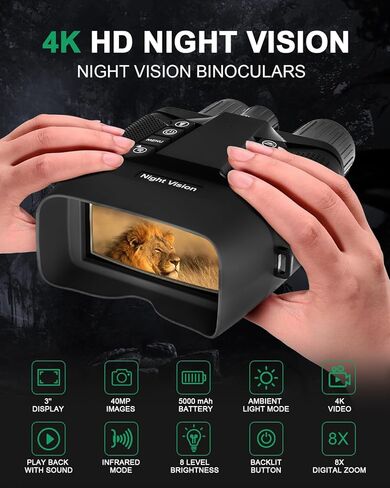 نظارات الرؤية الليلية - مناظير للرؤية الليلية 4K للبالغين - تكبير رقمي 40 ميجابكسل 8X، شاشة كبيرة 3 بوصة، أزرار بإضاءة خلفية، بطارية 5000 مللي أمبير، 1968 قدم، مناظير بالأشعة تحت الحمراء لأمن الصيد (أسود) in Kuwait
