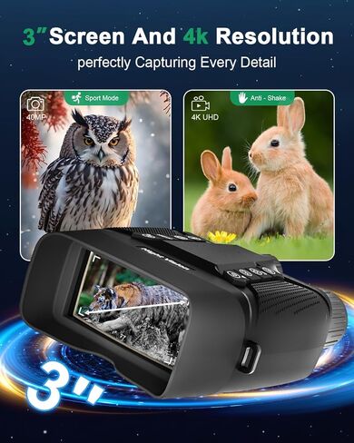 نظارات الرؤية الليلية - مناظير للرؤية الليلية 4K للبالغين - تكبير رقمي 40 ميجابكسل 8X، شاشة كبيرة 3 بوصة، أزرار بإضاءة خلفية، بطارية 5000 مللي أمبير، 1968 قدم، مناظير بالأشعة تحت الحمراء لأمن الصيد (أسود) in Kuwait