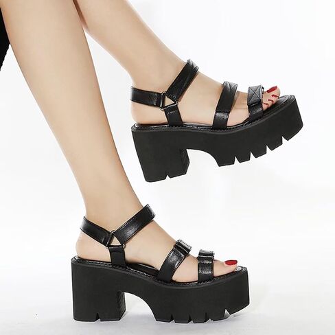 Agodor Women's Goth Black Platform Sandals Ankle Strap Chunky High Heels Open Toe Slingback Roman Gladiator Shoes in Saudi Arabia