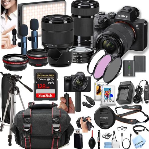 كاميرا Sony A7 III بدون مرآة مع عدسات 28-70 مم + عدسات 55-210 مم + ذاكرة فائقة سعة 128 جيجابايت، وميكروفونات Lavalier لاسلكية، وإضاءة LED، وعدسات AUX، ومرشحات، وحقيبة، وحامل ثلاثي القوائم، والمزيد (حزمة 42 قطعة) (متجددة) in Saudi Arabia