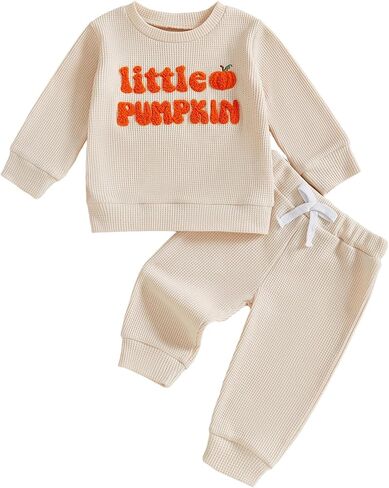 Toddler Baby Boy Girl Halloween Outfit Little Pumpkin Embroidery Waffle Knit Sweatshirt Pants Set Cute Fall Clothes in Saudi Arabia