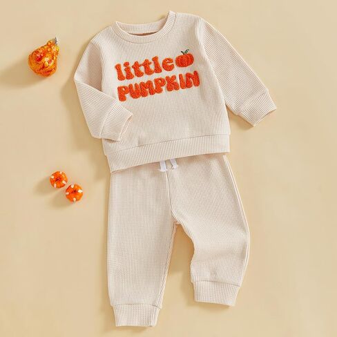 Toddler Baby Boy Girl Halloween Outfit Little Pumpkin Embroidery Waffle Knit Sweatshirt Pants Set Cute Fall Clothes in Saudi Arabia