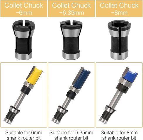 3-Piece Router Collet Chuck Set, 6mm/6.35mm/8mm Shank Adapter for Woodworking, Black and Silver in Saudi Arabia