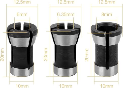 3-Piece Router Collet Chuck Set, 6mm/6.35mm/8mm Shank Adapter for Woodworking, Black and Silver in Saudi Arabia