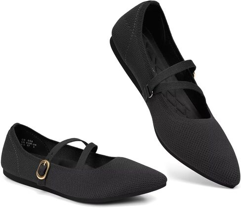 Women's Mary Jane Flats Knit Ballet Flats Pointed Toe Comfortable Ballerina Walking Dressy Office Slip-on Shoes with Adjustable Straps in Saudi Arabia
