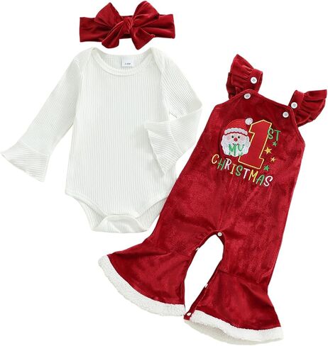 My 1st Christmas Baby Girl Outfit Ribbed Long Sleeve Romper Embroidery Velvet Overalls Flare Pants Headband Set in Saudi Arabia