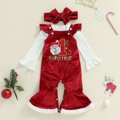 My 1st Christmas Baby Girl Outfit Ribbed Long Sleeve Romper Embroidery Velvet Overalls Flare Pants Headband Set in Saudi Arabia