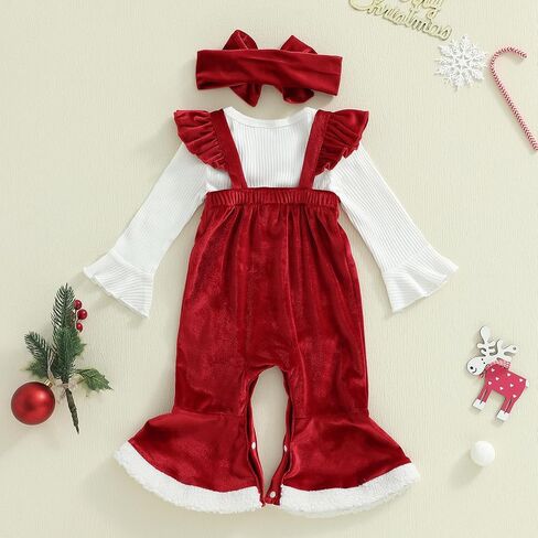 My 1st Christmas Baby Girl Outfit Ribbed Long Sleeve Romper Embroidery Velvet Overalls Flare Pants Headband Set in Saudi Arabia