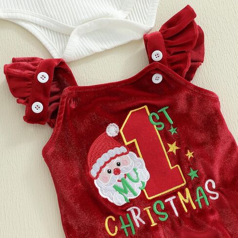 My 1st Christmas Baby Girl Outfit Ribbed Long Sleeve Romper Embroidery Velvet Overalls Flare Pants Headband Set in Saudi Arabia