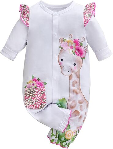 Cute Zebra Giraffe With Floral Print Long Sleeve Baby Girl Clothes White Jumpsuit For Baby One-Piece Romper in Saudi Arabia