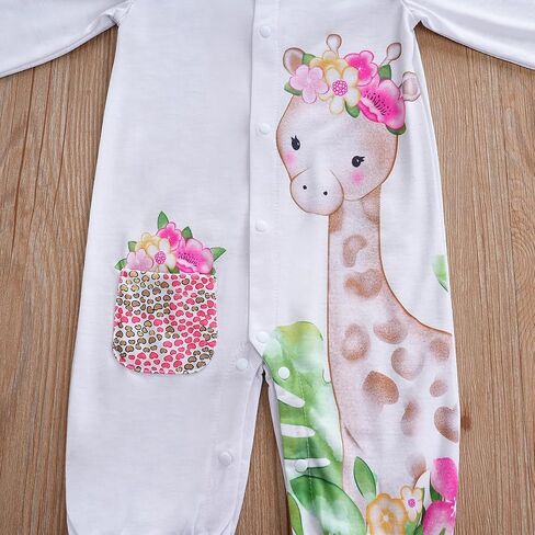 Cute Zebra Giraffe With Floral Print Long Sleeve Baby Girl Clothes White Jumpsuit For Baby One-Piece Romper in Saudi Arabia