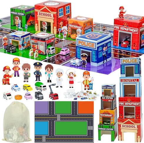 Cinrobiye Community Helpers Sorting and Stacking Set with Wooden Figures Traffic Signs Vehicles Modern City Mat Vehicle Preschool Learning Montessori Game Nesting Boxes for Boys Girls Birthday Gift in Saudi Arabia