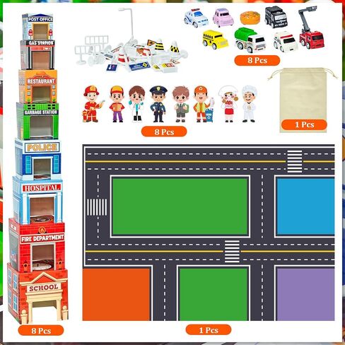 Cinrobiye Community Helpers Sorting and Stacking Set with Wooden Figures Traffic Signs Vehicles Modern City Mat Vehicle Preschool Learning Montessori Game Nesting Boxes for Boys Girls Birthday Gift in Saudi Arabia