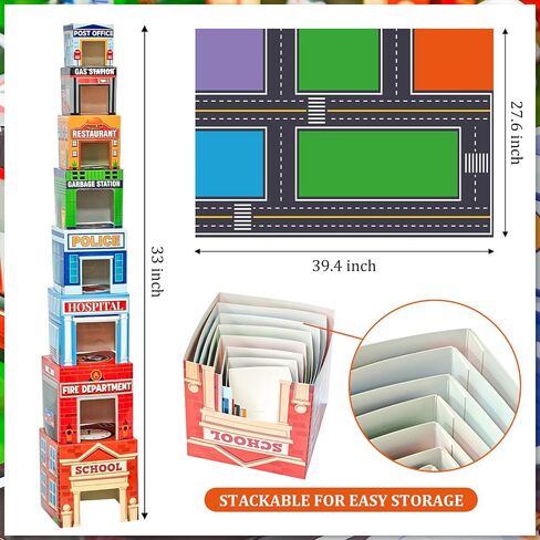 Cinrobiye Community Helpers Sorting and Stacking Set with Wooden Figures Traffic Signs Vehicles Modern City Mat Vehicle Preschool Learning Montessori Game Nesting Boxes for Boys Girls Birthday Gift in Saudi Arabia