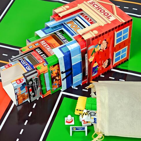 Cinrobiye Community Helpers Sorting and Stacking Set with Wooden Figures Traffic Signs Vehicles Modern City Mat Vehicle Preschool Learning Montessori Game Nesting Boxes for Boys Girls Birthday Gift in Saudi Arabia