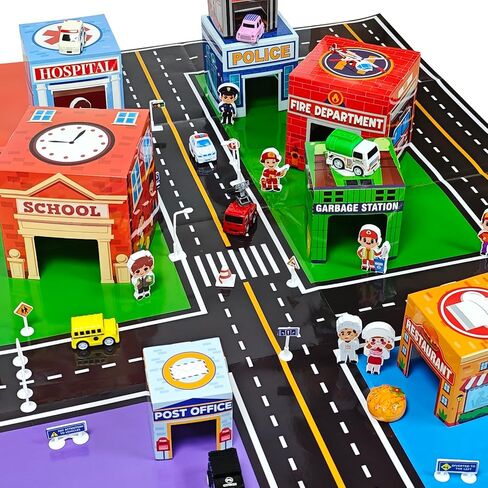 Cinrobiye Community Helpers Sorting and Stacking Set with Wooden Figures Traffic Signs Vehicles Modern City Mat Vehicle Preschool Learning Montessori Game Nesting Boxes for Boys Girls Birthday Gift in Saudi Arabia
