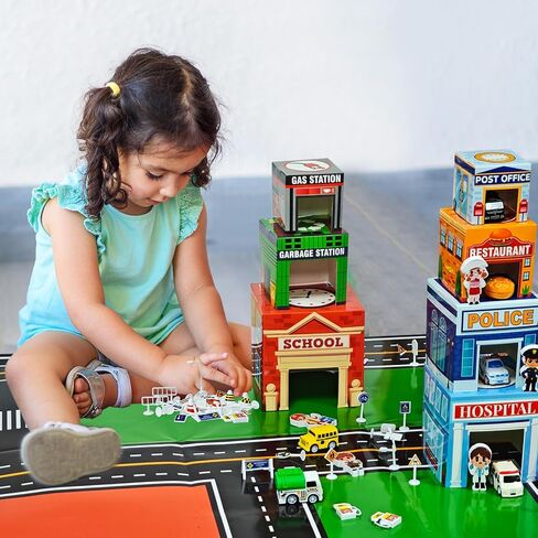 Cinrobiye Community Helpers Sorting and Stacking Set with Wooden Figures Traffic Signs Vehicles Modern City Mat Vehicle Preschool Learning Montessori Game Nesting Boxes for Boys Girls Birthday Gift in Saudi Arabia