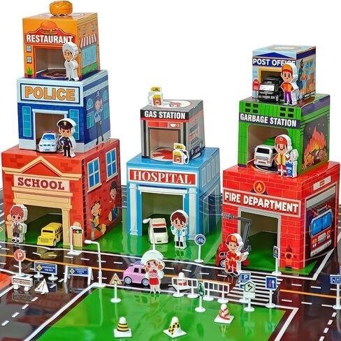 Cinrobiye Community Helpers Sorting and Stacking Set with Wooden Figures Traffic Signs Vehicles Modern City Mat Vehicle Preschool Learning Montessori Game Nesting Boxes for Boys Girls Birthday Gift in Saudi Arabia