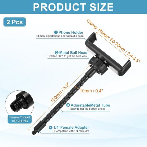 PATIKIL 2Pcs 19.7" Flexible Adjustable Gooseneck with Phone Clip, 1/4" Female Threaded Gooseneck Arm for Most Holder Threaded Adapter, Black in Saudi Arabia