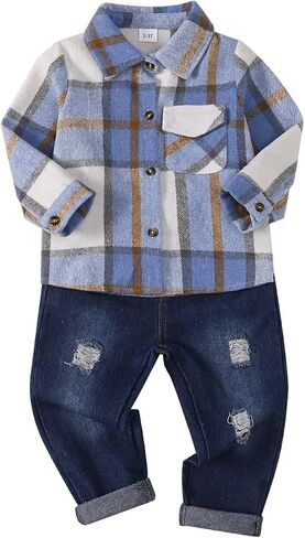 Baby Toddler Boy Clothes Kids Red Plaid Shirt Ripped Holes Jeans Fall Winter Outfit Set 1-5T in Kuwait
