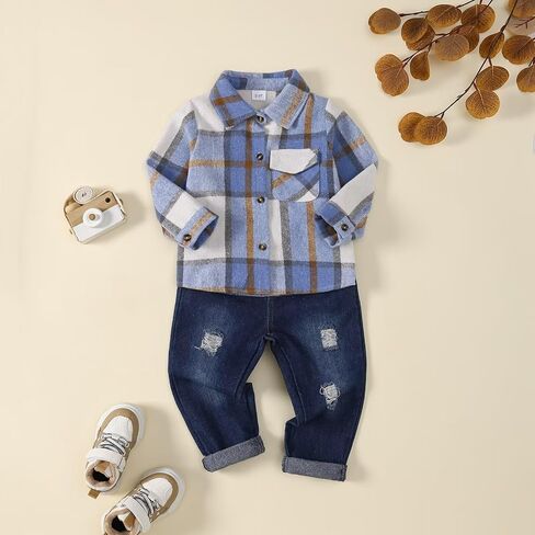 Baby Toddler Boy Clothes Kids Red Plaid Shirt Ripped Holes Jeans Fall Winter Outfit Set 1-5T in Kuwait