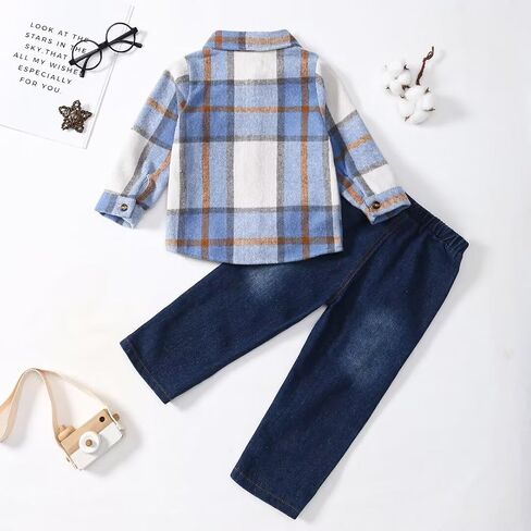 Baby Toddler Boy Clothes Kids Red Plaid Shirt Ripped Holes Jeans Fall Winter Outfit Set 1-5T in Kuwait