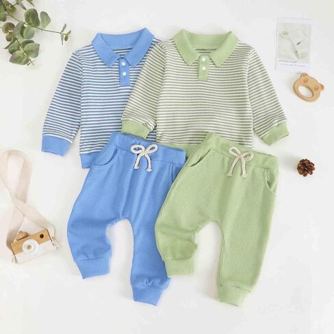 Toddler Baby Boy Outfits Long Sleeve Lapel Waffle Sweatshirt Top Pants Sets Fall Winter Newborn Baby Clothes 0-3T in Saudi Arabia
