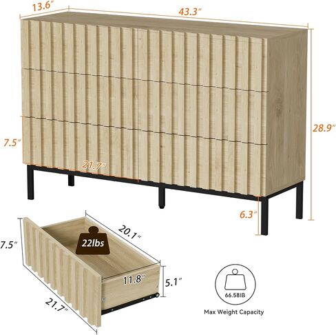UEV Mid-Century Modern Dresser for Bedroom, Fluted 6 Drawer Dresser with Metal Stand, Accent Light Wood Chest of Drawers for Bedroom,Living Room,Hallway (Ivory White) in Saudi Arabia