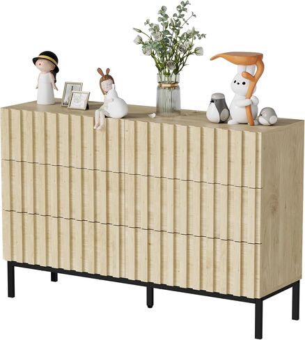 UEV Mid-Century Modern Dresser for Bedroom, Fluted 6 Drawer Dresser with Metal Stand, Accent Light Wood Chest of Drawers for Bedroom,Living Room,Hallway (Ivory White) in Saudi Arabia