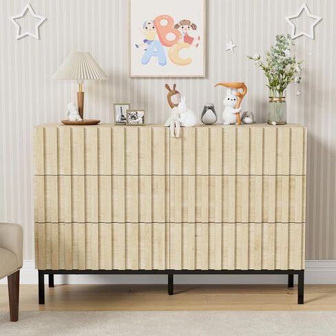 UEV Mid-Century Modern Dresser for Bedroom, Fluted 6 Drawer Dresser with Metal Stand, Accent Light Wood Chest of Drawers for Bedroom,Living Room,Hallway (Ivory White) in Saudi Arabia