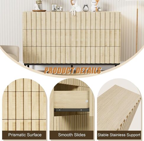 UEV Mid-Century Modern Dresser for Bedroom, Fluted 6 Drawer Dresser with Metal Stand, Accent Light Wood Chest of Drawers for Bedroom,Living Room,Hallway (Ivory White) in Saudi Arabia