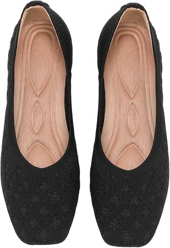 Flats for Women Square Toe Knit Foldable Ballet Women's Fat Shoes Dressy Comfortable Womens Shoe for Casual Office Work in Kuwait