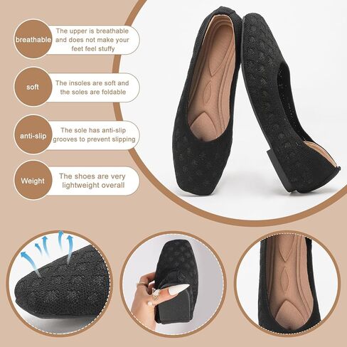 Flats for Women Square Toe Knit Foldable Ballet Women's Fat Shoes Dressy Comfortable Womens Shoe for Casual Office Work in Kuwait